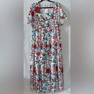 OC ORDER PLUS Square Neck Floral Print Short Sleeve Maxi Dress